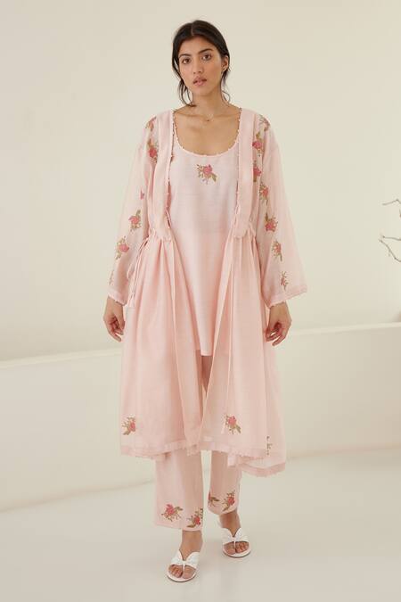 Shop Cotton And Clay Pink Silk, Modal Embroidery Open Neck Hand Block Print Kurta Trouser Set Online at Aza Fashions Shop_Cotton And Clay_Pink Silk, Modal Embroidery Open Neck Hand Block Print Kurta Trouser Set _Online_at_Aza_Fashions