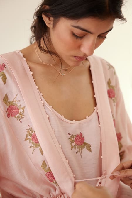 Cotton And Clay Pink Silk, Modal Embroidery Open Neck Hand Block Print Kurta Trouser Set at Aza Fashions Cotton And Clay_Pink Silk, Modal Embroidery Open Neck Hand Block Print Kurta Trouser Set _at_Aza_Fashions