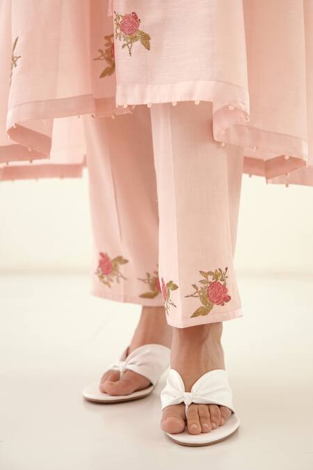 Buy Cotton And Clay Pink Silk, Modal Embroidery Open Neck Hand Block Print Kurta Trouser Set Buy_Cotton And Clay_Pink Silk, Modal Embroidery Open Neck Hand Block Print Kurta Trouser Set