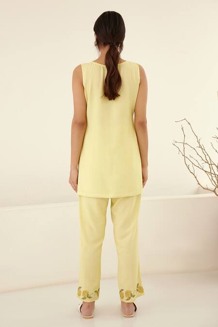 Buy Cotton And Clay Yellow Chanderi, Modal Embroidery Round Hand Block Print Kimono Top Trouser Set Online at Aza Fashions Buy_Cotton And Clay_Yellow Chanderi, Modal Embroidery Round Hand Block Print Kimono Top Trouser Set _Online_at_Aza_Fashions