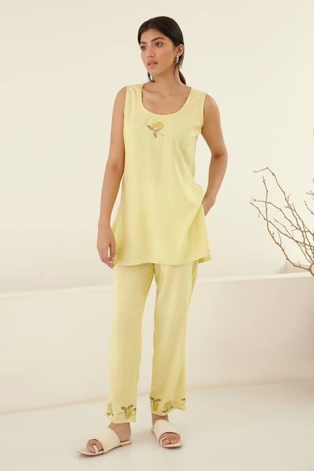 Shop Cotton And Clay Yellow Chanderi, Modal Embroidery Round Hand Block Print Kimono Top Trouser Set Online at Aza Fashions Shop_Cotton And Clay_Yellow Chanderi, Modal Embroidery Round Hand Block Print Kimono Top Trouser Set _Online_at_Aza_Fashions