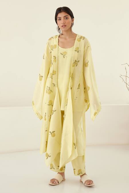 Cotton And Clay Yellow Chanderi, Modal Embroidery Round Hand Block Print Kimono Top Trouser Set at Aza Fashions Cotton And Clay_Yellow Chanderi, Modal Embroidery Round Hand Block Print Kimono Top Trouser Set _at_Aza_Fashions