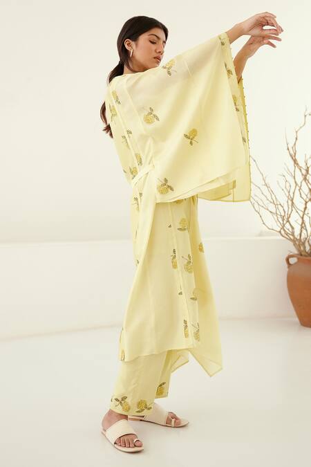Shop Cotton And Clay Yellow Chanderi, Modal Embroidery Round Hand Block Print Kimono Top Trouser Set Shop_Cotton And Clay_Yellow Chanderi, Modal Embroidery Round Hand Block Print Kimono Top Trouser Set