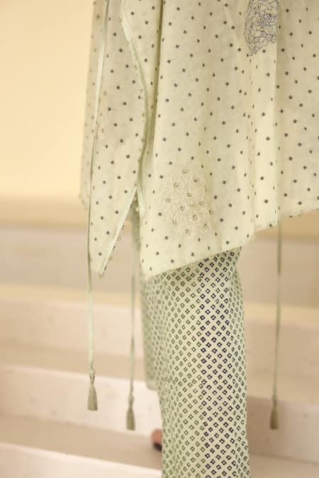 Cotton And Clay_Green Modal, Chanderi Embroidery Hand Block Print Overlap Tunic Trouser Set _at_Aza_Fashions
