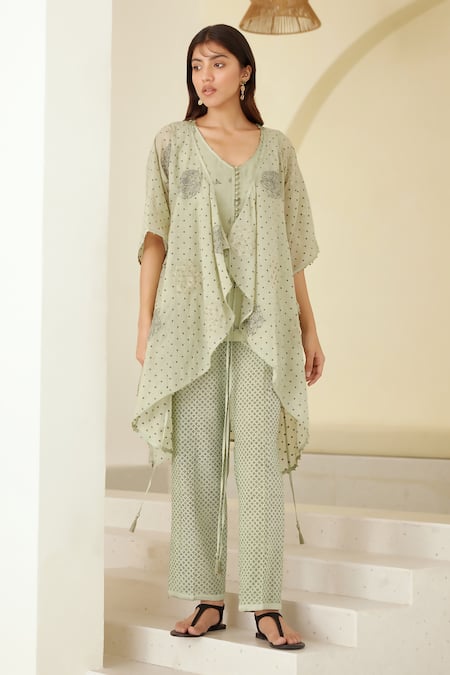 Shop_Cotton And Clay_Green Modal, Chanderi Embroidery Hand Block Print Overlap Tunic Trouser Set _Online_at_Aza_Fashions