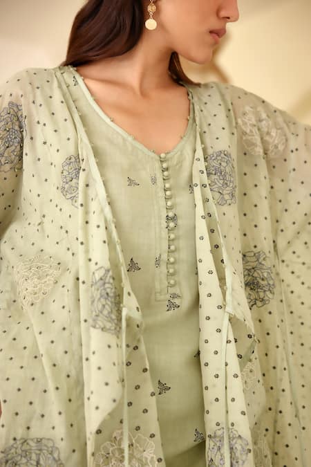 Buy_Cotton And Clay_Green Modal, Chanderi Embroidery Hand Block Print Overlap Tunic Trouser Set 