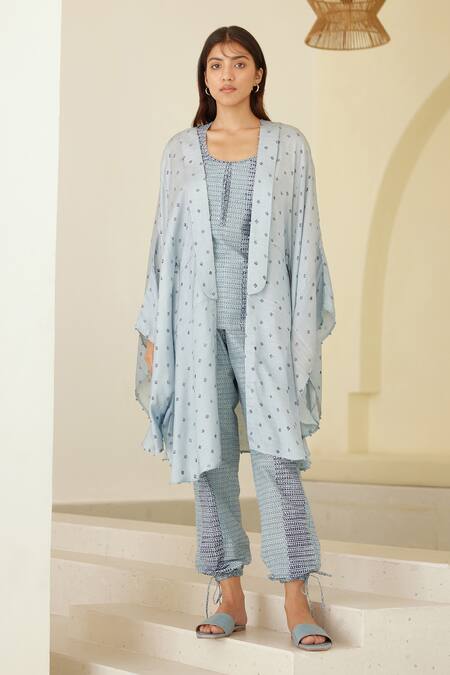 Shop Cotton And Clay Blue Chanderi, Modal Embroidery Round Neck Hand Block Print Kimono Trouser Set Online at Aza Fashions Shop_Cotton And Clay_Blue Chanderi, Modal Embroidery Round Neck Hand Block Print Kimono Trouser Set _Online_at_Aza_Fashions