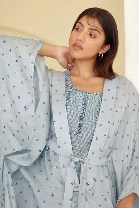 Buy Cotton And Clay Blue Chanderi, Modal Embroidery Round Neck Hand Block Print Kimono Trouser Set Buy_Cotton And Clay_Blue Chanderi, Modal Embroidery Round Neck Hand Block Print Kimono Trouser Set