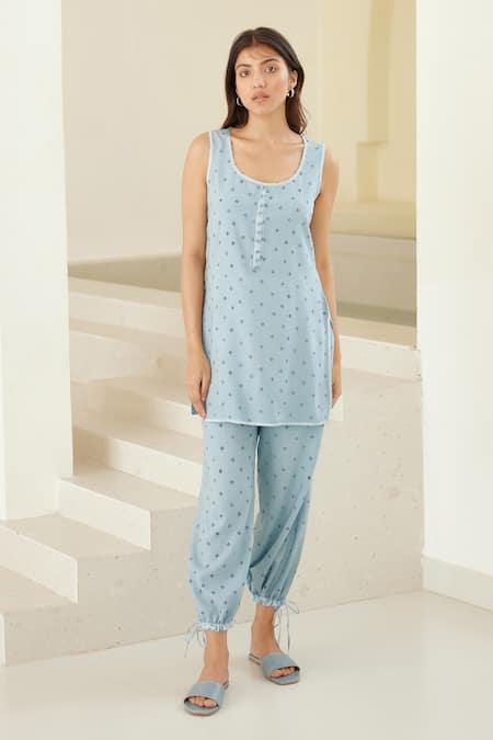 Cotton And Clay_Blue Silk, Modal Embroidery Shawl Neck, Round Hand Block Print Tunic Trouser Set _Online_at_Aza_Fashions