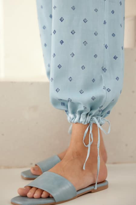 Cotton And Clay_Blue Silk, Modal Embroidery Shawl Neck, Round Hand Block Print Tunic Trouser Set _at_Aza_Fashions