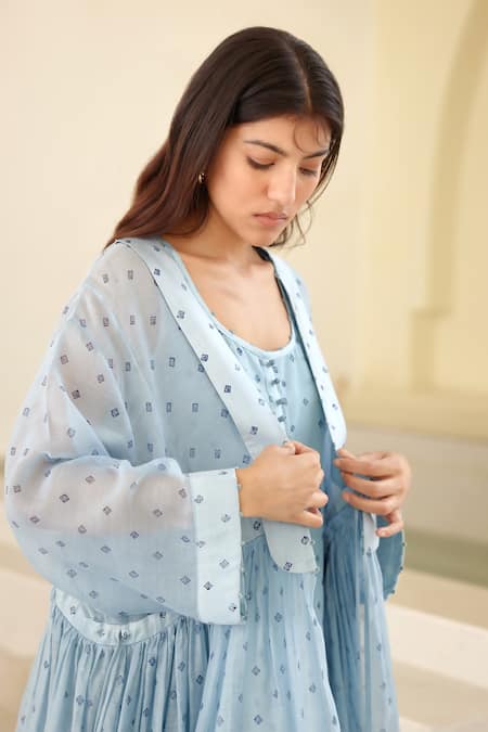 Buy_Cotton And Clay_Blue Silk, Modal Embroidery Shawl Neck, Round Hand Block Print Tunic Trouser Set 