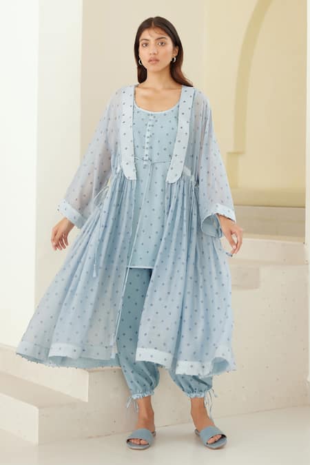 Shop_Cotton And Clay_Blue Silk, Modal Embroidery Shawl Neck, Round Hand Block Print Tunic Trouser Set _Online_at_Aza_Fashions