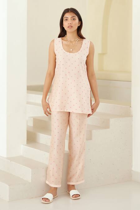 Cotton And Clay_Pink Modal, Chanderi Embroidery Round Hand Block Print Long Kimono Trouser Set _Online_at_Aza_Fashions