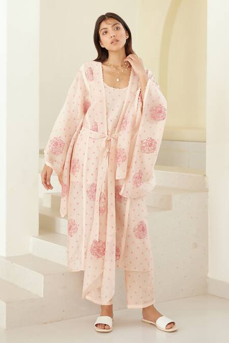 Shop_Cotton And Clay_Pink Modal, Chanderi Embroidery Round Hand Block Print Long Kimono Trouser Set _Online_at_Aza_Fashions