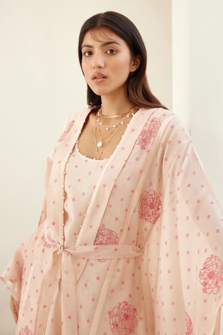 Buy_Cotton And Clay_Pink Modal, Chanderi Embroidery Round Hand Block Print Long Kimono Trouser Set 
