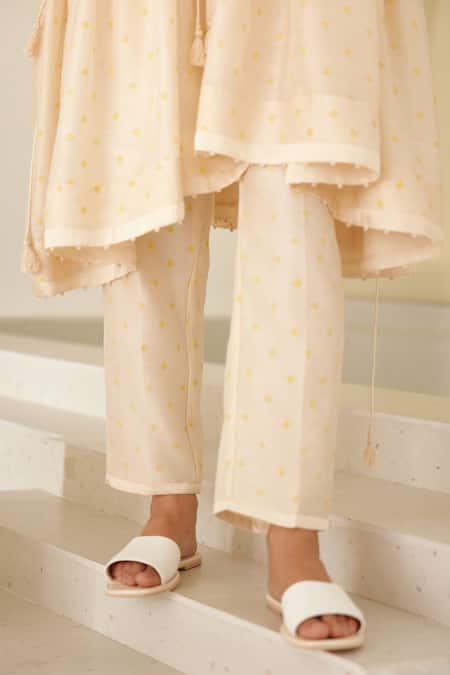 Buy_Cotton And Clay_Beige Modal, Silk Sequins, Hand Block Print Front-open Tunic Trouser Set 