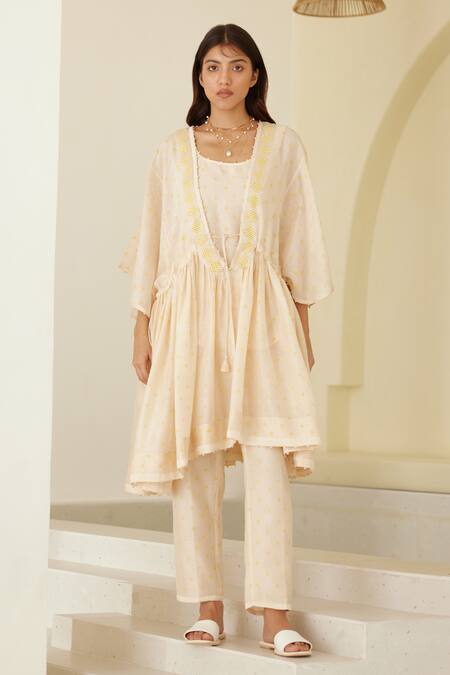 Shop_Cotton And Clay_Beige Modal, Silk Sequins, Hand Block Print Front-open Tunic Trouser Set _Online_at_Aza_Fashions
