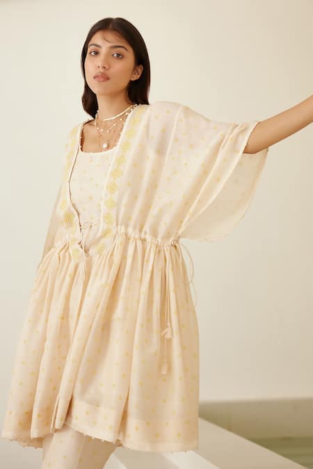 Shop_Cotton And Clay_Beige Modal, Silk Sequins, Hand Block Print Front-open Tunic Trouser Set 