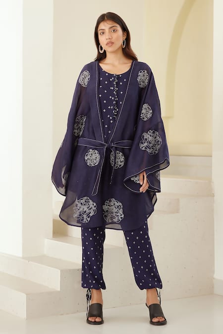 Cotton And Clay_Blue Modal, Chanderi Embroidery Round Neck, Shawl Printed Kimono Trouser Set _at_Aza_Fashions
