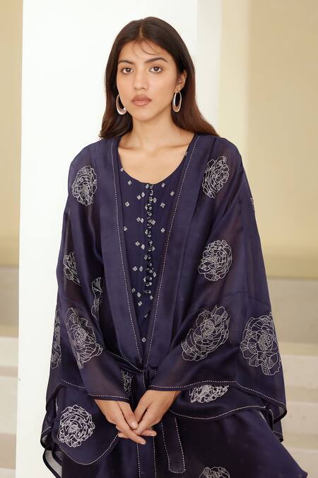 Buy_Cotton And Clay_Blue Modal, Chanderi Embroidery Round Neck, Shawl Printed Kimono Trouser Set 