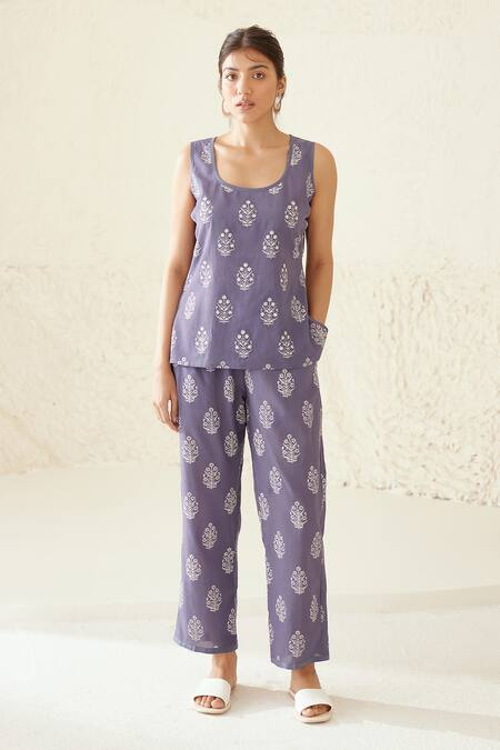 Buy Cotton And Clay Blue Chanderi, Modal Embroidery Bouquet Hand Block Print Kimono Top Trouser Set Online at Aza Fashions Buy_Cotton And Clay_Blue Chanderi, Modal Embroidery Bouquet Hand Block Print Kimono Top Trouser Set _Online_at_Aza_Fashions