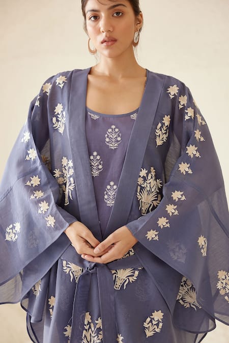 Shop Cotton And Clay Blue Chanderi, Modal Embroidery Bouquet Hand Block Print Kimono Top Trouser Set Shop_Cotton And Clay_Blue Chanderi, Modal Embroidery Bouquet Hand Block Print Kimono Top Trouser Set