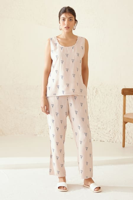 Cotton And Clay_Off White Silk, Modal Embroidery, Patchwork Printed Chanderi Kimono Trouser Set _Online_at_Aza_Fashions