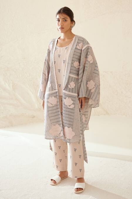 Shop_Cotton And Clay_Off White Silk, Modal Embroidery, Patchwork Printed Chanderi Kimono Trouser Set _Online_at_Aza_Fashions