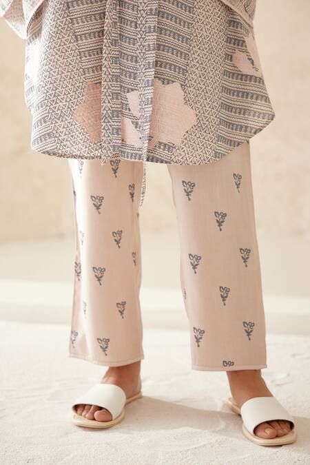 Cotton And Clay_Off White Silk, Modal Embroidery, Patchwork Printed Chanderi Kimono Trouser Set _at_Aza_Fashions