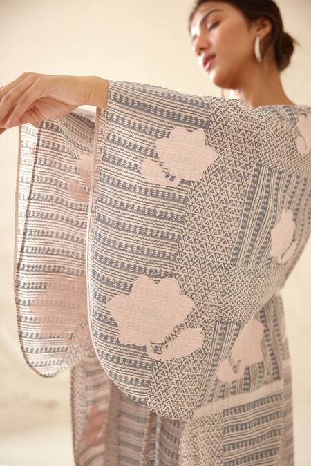 Buy_Cotton And Clay_Off White Silk, Modal Embroidery, Patchwork Printed Chanderi Kimono Trouser Set 