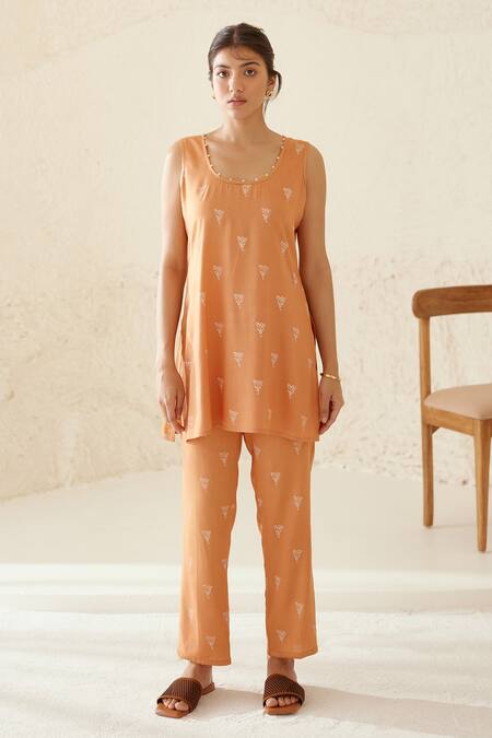 Cotton And Clay_Orange Modal, Silk Embroidery, Patchwork Chanderi Printed Kimono Trouser Set _Online_at_Aza_Fashions