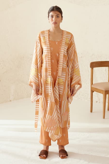 Shop_Cotton And Clay_Orange Modal, Silk Embroidery, Patchwork Chanderi Printed Kimono Trouser Set _Online_at_Aza_Fashions