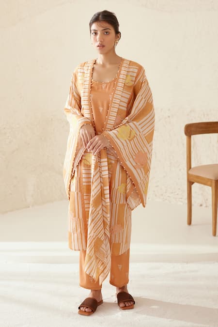 Buy_Cotton And Clay_Orange Modal, Silk Embroidery, Patchwork Chanderi Printed Kimono Trouser Set 