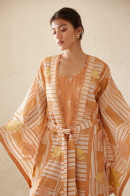 Shop_Cotton And Clay_Orange Modal, Silk Embroidery, Patchwork Chanderi Printed Kimono Trouser Set 