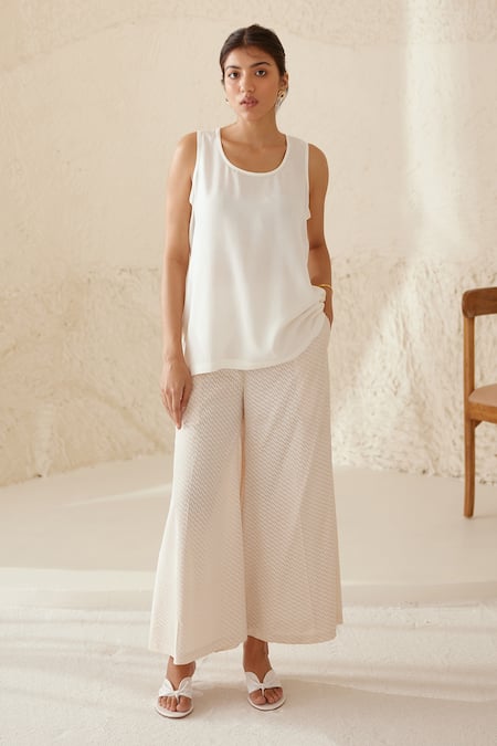 Cotton And Clay_White Modal, Georgette Sequins, Embroidery Round Chanderi Kimono Trouser Set _Online_at_Aza_Fashions