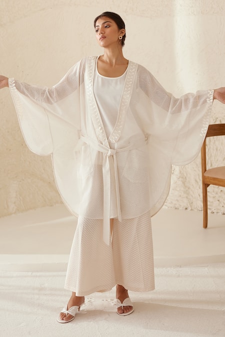 Shop_Cotton And Clay_White Modal, Georgette Sequins, Embroidery Round Chanderi Kimono Trouser Set _Online_at_Aza_Fashions
