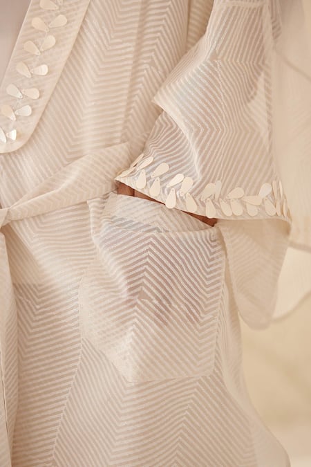 Buy_Cotton And Clay_White Modal, Georgette Sequins, Embroidery Round Chanderi Kimono Trouser Set 