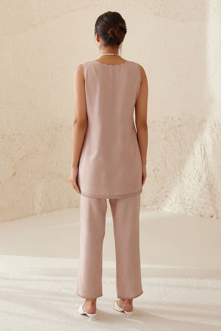 Cotton And Clay_Beige Chanderi, Modal Botanical Hand Block Print Kimono Top Trouser Set _Online_at_Aza_Fashions