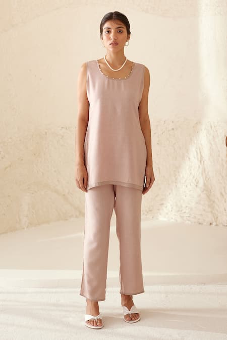 Shop_Cotton And Clay_Beige Chanderi, Modal Botanical Hand Block Print Kimono Top Trouser Set _Online_at_Aza_Fashions