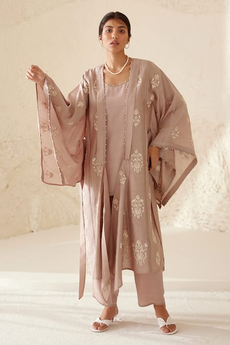 Cotton And Clay_Beige Chanderi, Modal Botanical Hand Block Print Kimono Top Trouser Set _at_Aza_Fashions