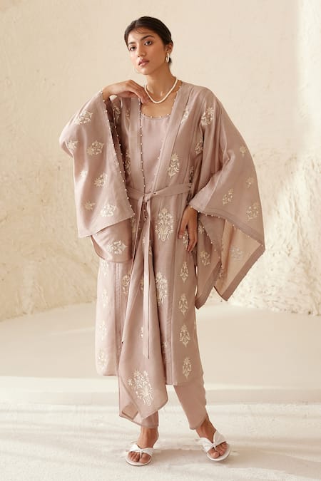 Buy_Cotton And Clay_Beige Chanderi, Modal Botanical Hand Block Print Kimono Top Trouser Set 