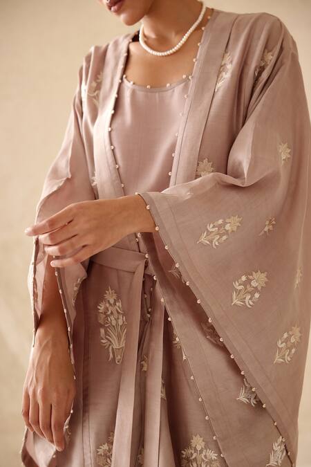 Shop_Cotton And Clay_Beige Chanderi, Modal Botanical Hand Block Print Kimono Top Trouser Set 