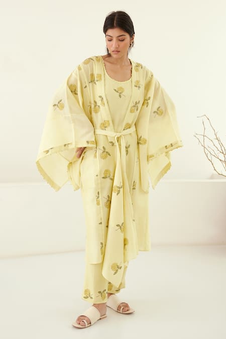 Cotton and Clay Hand Block Print Kimono Top Trouser Set 