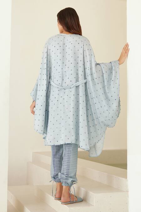 Shop Cotton And Clay Blue Chanderi, Modal Embroidery Round Neck Hand Block Print Kimono Trouser Set at Aza Fashions Shop_Cotton And Clay_Blue Chanderi, Modal Embroidery Round Neck Hand Block Print Kimono Trouser Set _at_Aza_Fashions