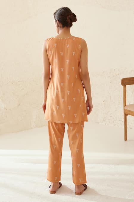 Buy_Cotton And Clay_Orange Modal, Silk Embroidery, Patchwork Chanderi Printed Kimono Trouser Set _Online_at_Aza_Fashions