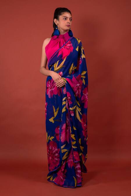 Buy_Rimi Nayak_Blue Organza Chrysanthemum Floral Print Saree _Online_at_Aza_Fashions