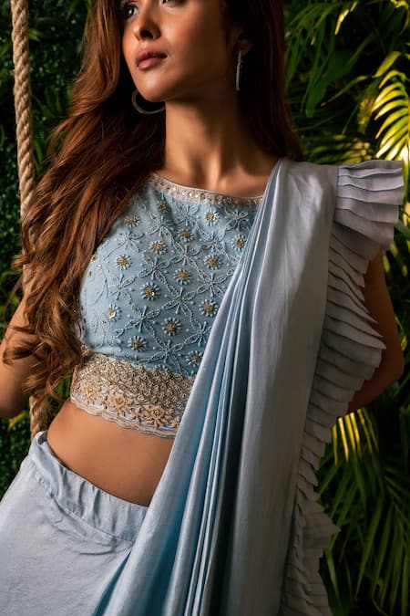 Shop Pallavi Poddar Blue Georgette, Organza Sequins, Lucknowi Pre-draped Saree With Blouse Online at Aza Fashions Shop_Pallavi Poddar_Blue Georgette, Organza Sequins, Lucknowi Pre-draped Saree With Blouse _Online_at_Aza_Fashions