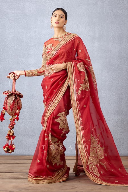 Torani_Red Silk Organza Embroidery Sindoori Taashi Saree _Online_at_Aza_Fashions