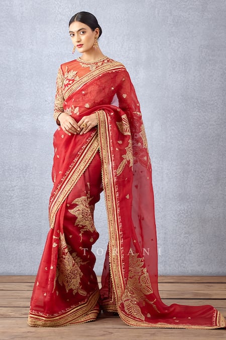 Buy_Torani_Red Silk Organza Embroidery Sindoori Taashi Saree _Online_at_Aza_Fashions