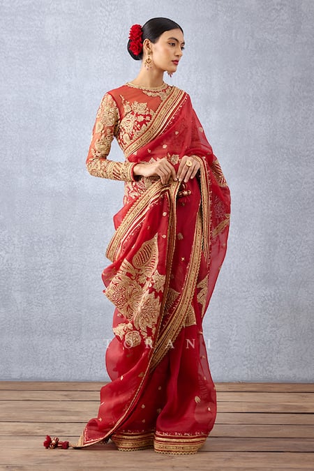 Shop_Torani_Red Silk Organza Embroidery Sindoori Taashi Saree _Online_at_Aza_Fashions